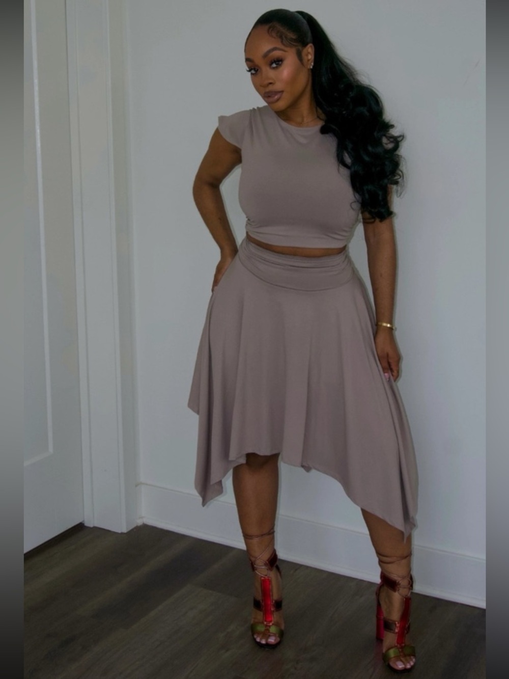 Taupe Asymmetric Midi Skirt Set